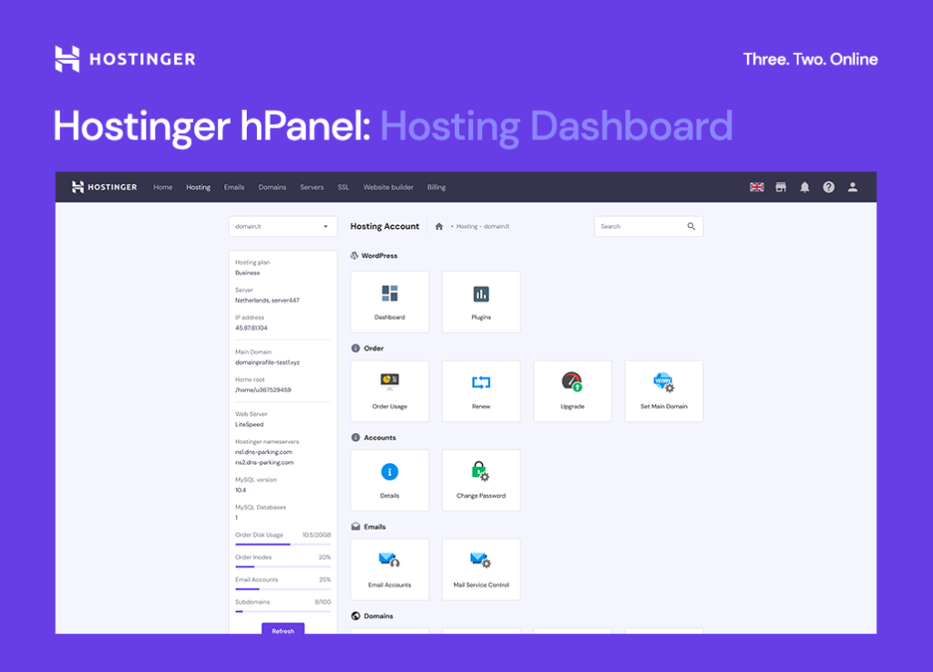 Hostinger Cloud Hosting hpanel dashboard